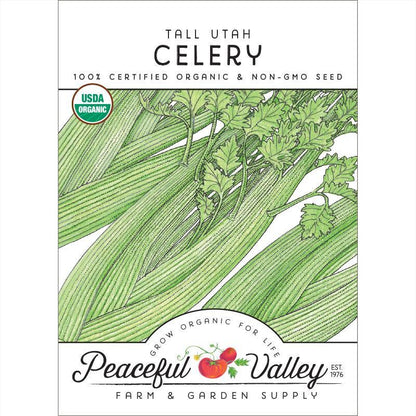 Tall Utah Celery seeds packet with green stalks and USDA Organic badge Peaceful Valley on Tampa Home & Garden Store