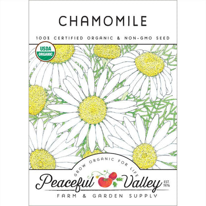 Chamomile seeds packet from Peaceful Valley with USDA Organic seal on Tampa Home & Garden Store
