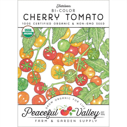 Bicolor Cherry Tomato seeds packet by Seedtime Store with red and orange cherry tomatoes illustration on Tampa Home & Garden Store
