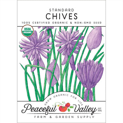 Common chives seeds, USDA Organic seed packet, Peaceful Valley branding on Tampa Home & Garden Store