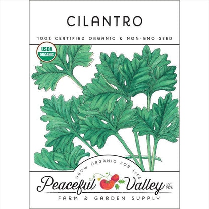 Cilantro seeds organic by Peaceful Valley with cilantro leaf illustration and US Organic badge on Tampa Home & Garden Store
