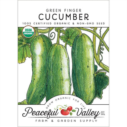 Green finger cucumber seeds packet from Peaceful Valley with illustrated green cucumbers on Tampa Home & Garden Store