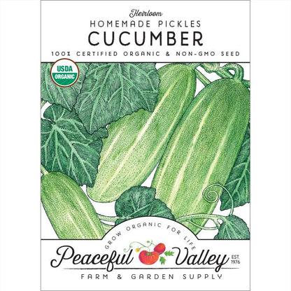 Cucumber seeds Peaceful Valley heirloom with green cucumbers USDA Organic badge on Tampa Home & Garden Store