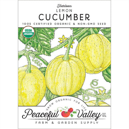 Lemon cucumber seeds packet by Peaceful Valley, yellow-skinned cucumber variety, USDA Organic on Tampa Home & Garden Store