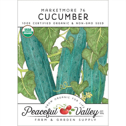 Marketmore 76 cucumber seeds packet with blue-green cucumbers and USDA Organic badge on Tampa Home & Garden Store