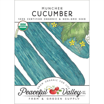 Muncher cucumber seeds packet with blue-green cucumbers and USDA Organic Peaceful Valley on Tampa Home & Garden Store