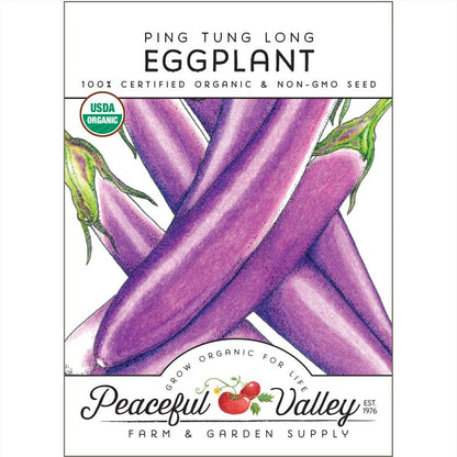 Ping Tung Long Eggplant seeds by Seedtime Store; two purple eggplants and USDA Organic seal on Tampa Home & Garden Store