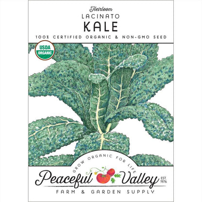 Lacinato Kale seeds packet with organic status and Peaceful Valley branding on Tampa Home & Garden Store