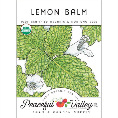 Lemon balm seeds packet from Peaceful Valley, organic & non-GMO with USDA Organic badge on Tampa Home & Garden Store