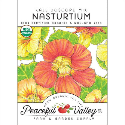 Kaleidoscope Nasturtium seeds packet with orange red blooms and green leaves Peaceful Valley on Tampa Home & Garden Store
