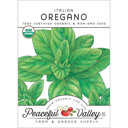Italian oregano seeds packet by Seedtime Store, green oregano leaves and USDA Organic badge on Tampa Home & Garden Store