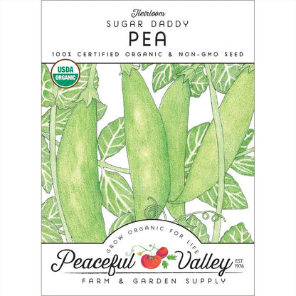 Sugar Daddy Pea seeds packet by Peaceful Valley; organic, non-GMO peas with USDA Organic badge on Tampa Home & Garden Store