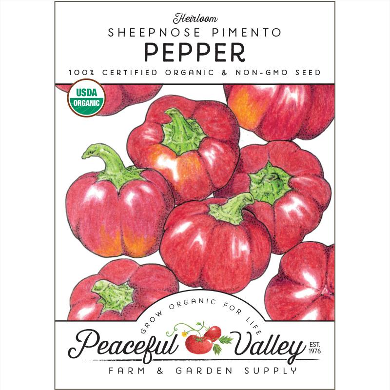 Sheepnose Pimento Pepper seeds, organic; red peppers on seed packet by Peaceful Valley on Tampa Home & Garden Store