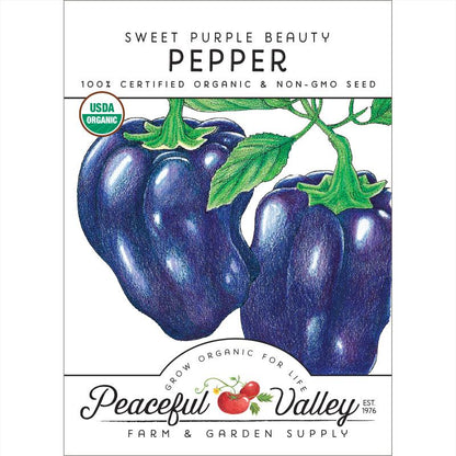 Purple Beauty Sweet Pepper seeds packet, two purple peppers, Seedtime Store brand, USDA Organic badge on Tampa Home & Garden Store