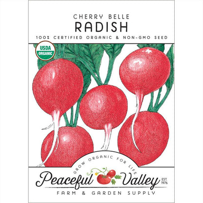 Cherry Belle radish seeds package with USDA Organic badge from Peaceful Valley Farm & Garden Supply on Tampa Home & Garden Store
