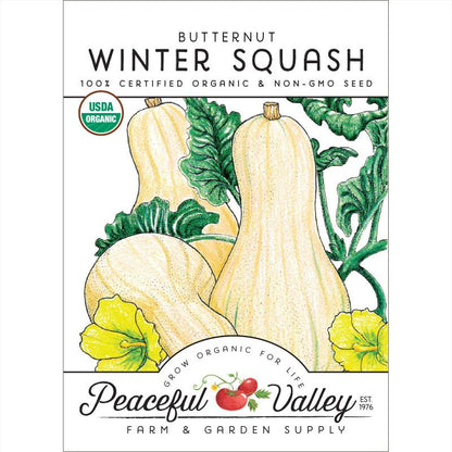Butternut Winter Squash seeds packet organic with USDA Organic seal and Peaceful Valley artwork on Tampa Home & Garden Store