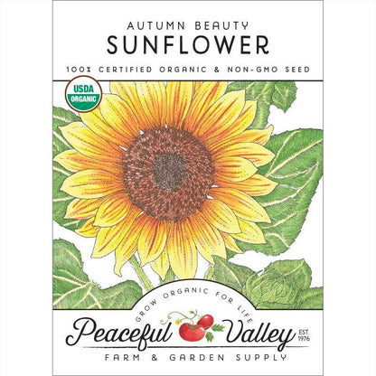 Autumn Beauty Sunflower Seeds packet with yellow petals, brown center; Peaceful Valley on Tampa Home & Garden Store