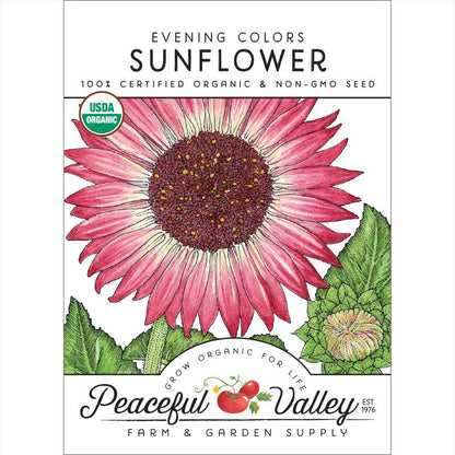 Evening Colors Sunflower seeds pink bloom, Peaceful Valley logo on Tampa Store on Tampa Home & Garden Store