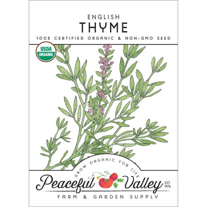 English Thyme seeds packet with thyme sprig and USDA Organic badge Peaceful Valley branding on Tampa Home & Garden Store