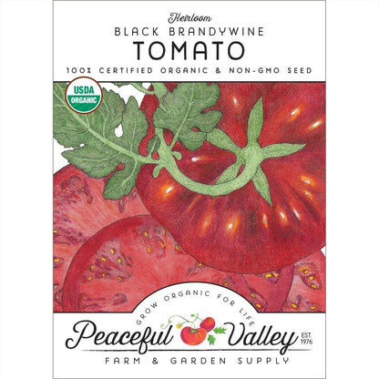 Brandywine Black Tomato seeds packet with Peaceful Valley branding, heirloom organic variety on Tampa Home & Garden Store