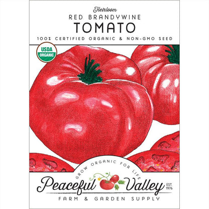 Brandywine tomato seeds packet, red heirloom variety, Peaceful Valley Farm & Garden Supply on Tampa Home & Garden Store