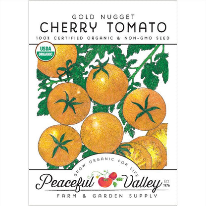 Gold Nugget Cherry Tomato seeds packet by Seedtime Store featuring orange cherry tomatoes on Tampa Home & Garden Store