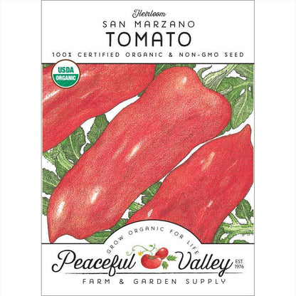 San Marzano tomato seeds packet with red tomatoes, USDA Organic badge, Peaceful Valley branding on Tampa Home & Garden Store