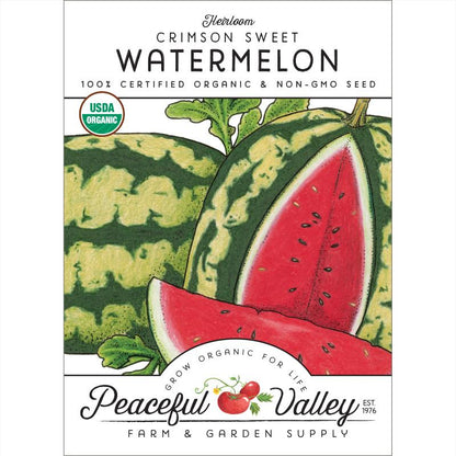 Crimson Sweet Watermelon seeds packet by Seedtime Store organic & non-GMO with green rind design on Tampa Home & Garden Store