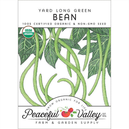 Yard Long Green Bean seeds organic non-GMO Peaceful Valley seed packet on Tampa Home & Garden Store