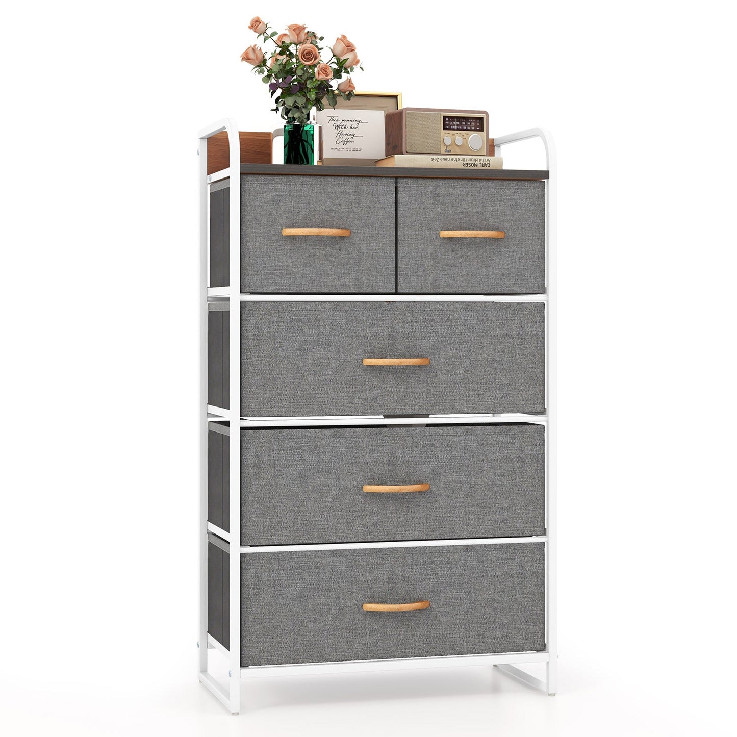 4-Tier Organizer Tower Steel Frame Wooden Top Storage with 5-Drawer Dresser-Muticolor