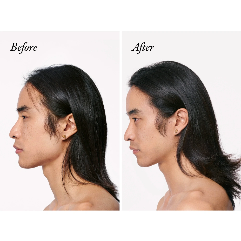 Oribe Serene Scalp Densifying Conditioner, Nava Beauty; before/after of dark hair on Tampa Home & Garden Store