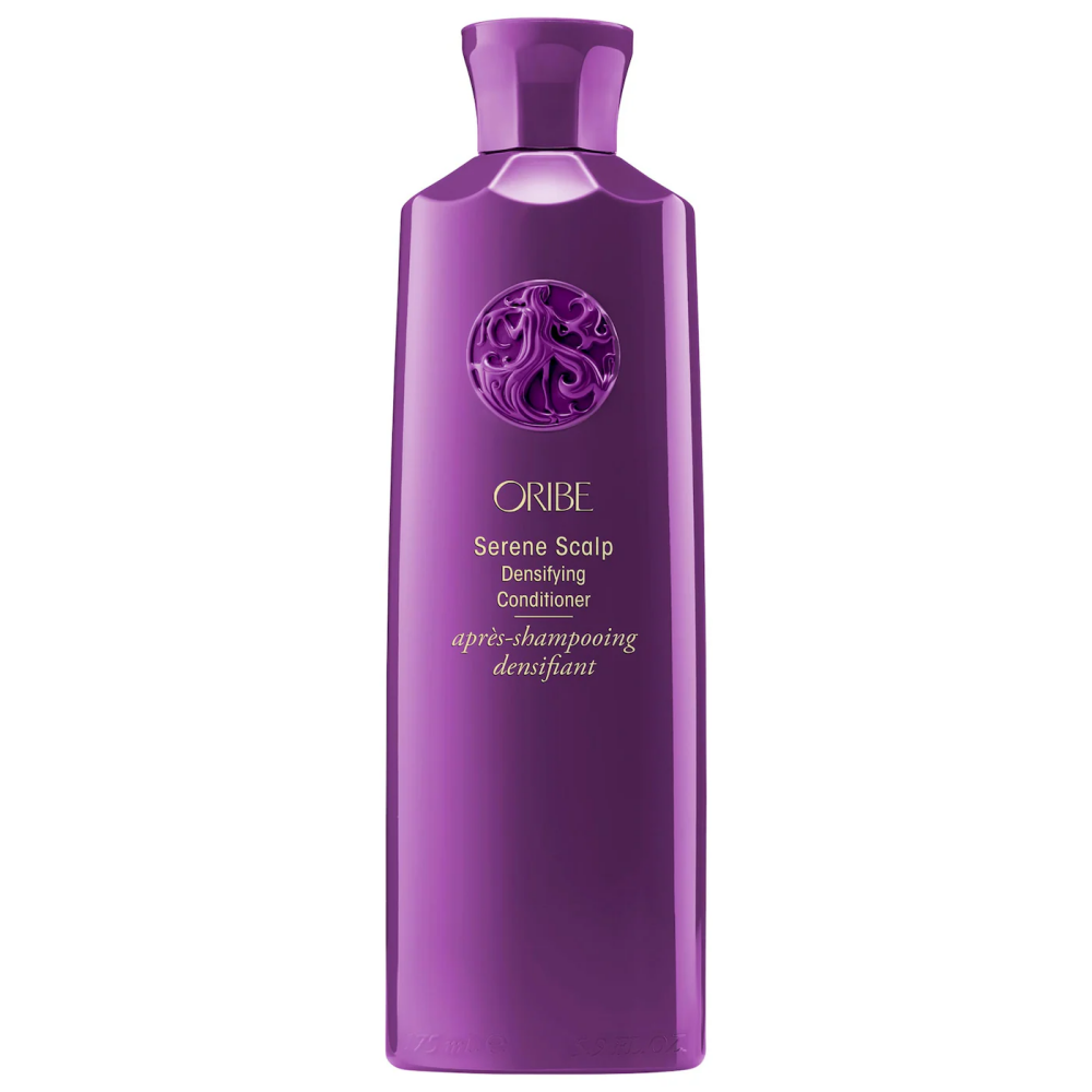 Oribe Serene Scalp Densifying Conditioner bottle in purple with embossed emblem on Tampa Home & Garden Store