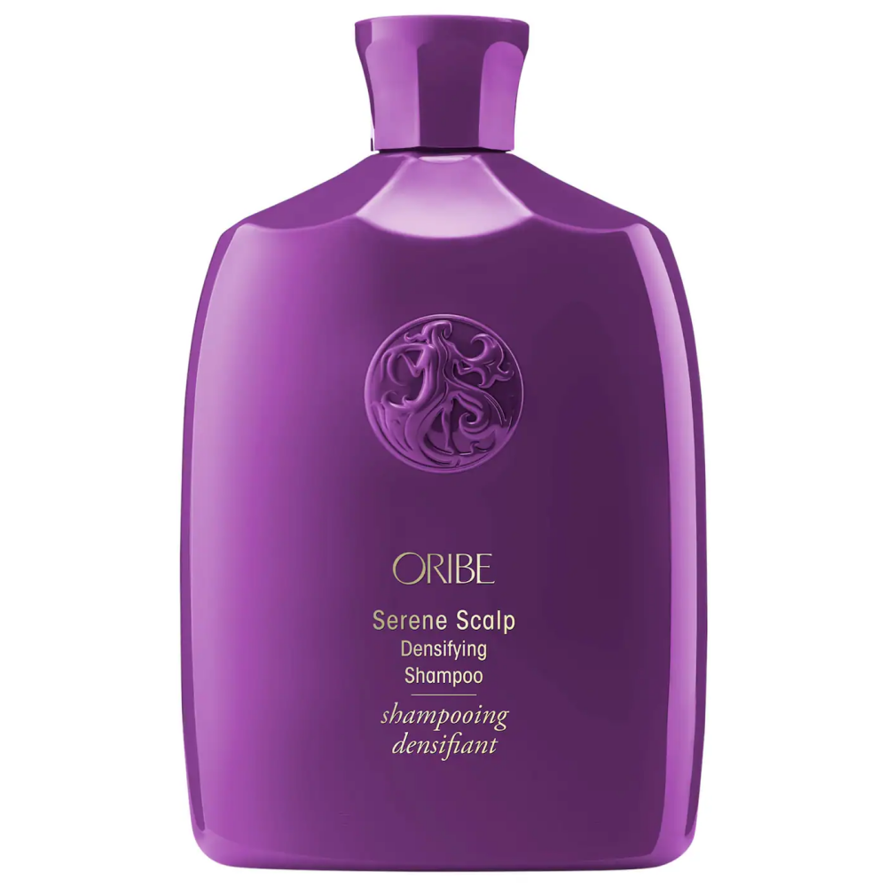 Oribe Serene Scalp Densifying Shampoo bottle in rich purple with gold lettering on Tampa Home & Garden Store