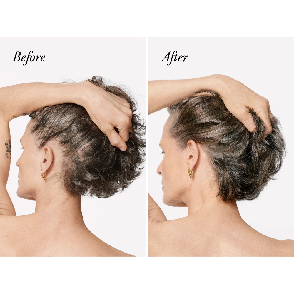 Oribe Serene Scalp Densifying Shampoo by Nava Beauty, before/after on short gray hair on Tampa Home & Garden Store