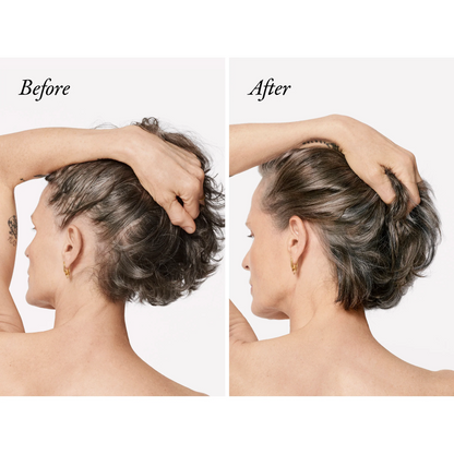 Oribe Serene Scalp Densifying Shampoo by Nava Beauty, before/after on short gray hair on Tampa Home & Garden Store