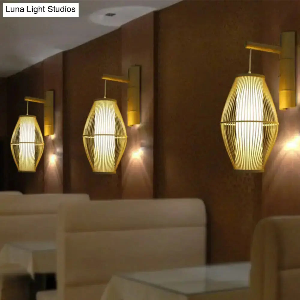 Oriental Bamboo Woven Wall Lamp Bedroom Beige