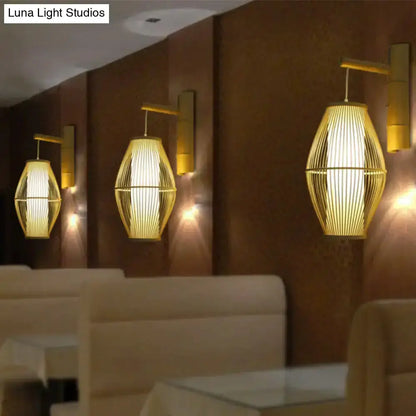 Oriental Bamboo Woven Wall Lamp Bedroom Beige