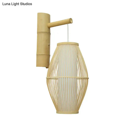 Oriental Bamboo Woven Wall Lamp Bedroom Beige