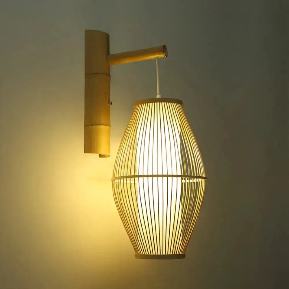 Oriental Bamboo Woven Wall Lamp Bedroom Beige