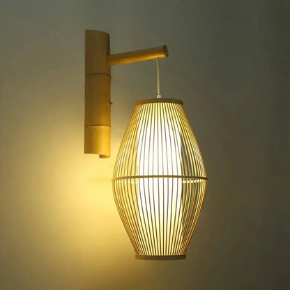 Oriental Bamboo Woven Wall Lamp Bedroom Beige