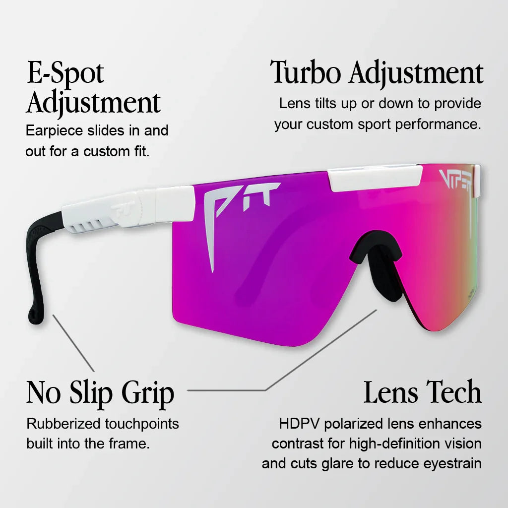Pit Viper Sunglasses UV400 by BikerZoneZ, white frame, pink-purple mirrored lens, no-slip grip on Tampa Home & Garden Store
