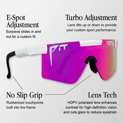 Pit Viper Sunglasses UV400 by BikerZoneZ, white frame, pink-purple mirrored lens, no-slip grip on Tampa Home & Garden Store