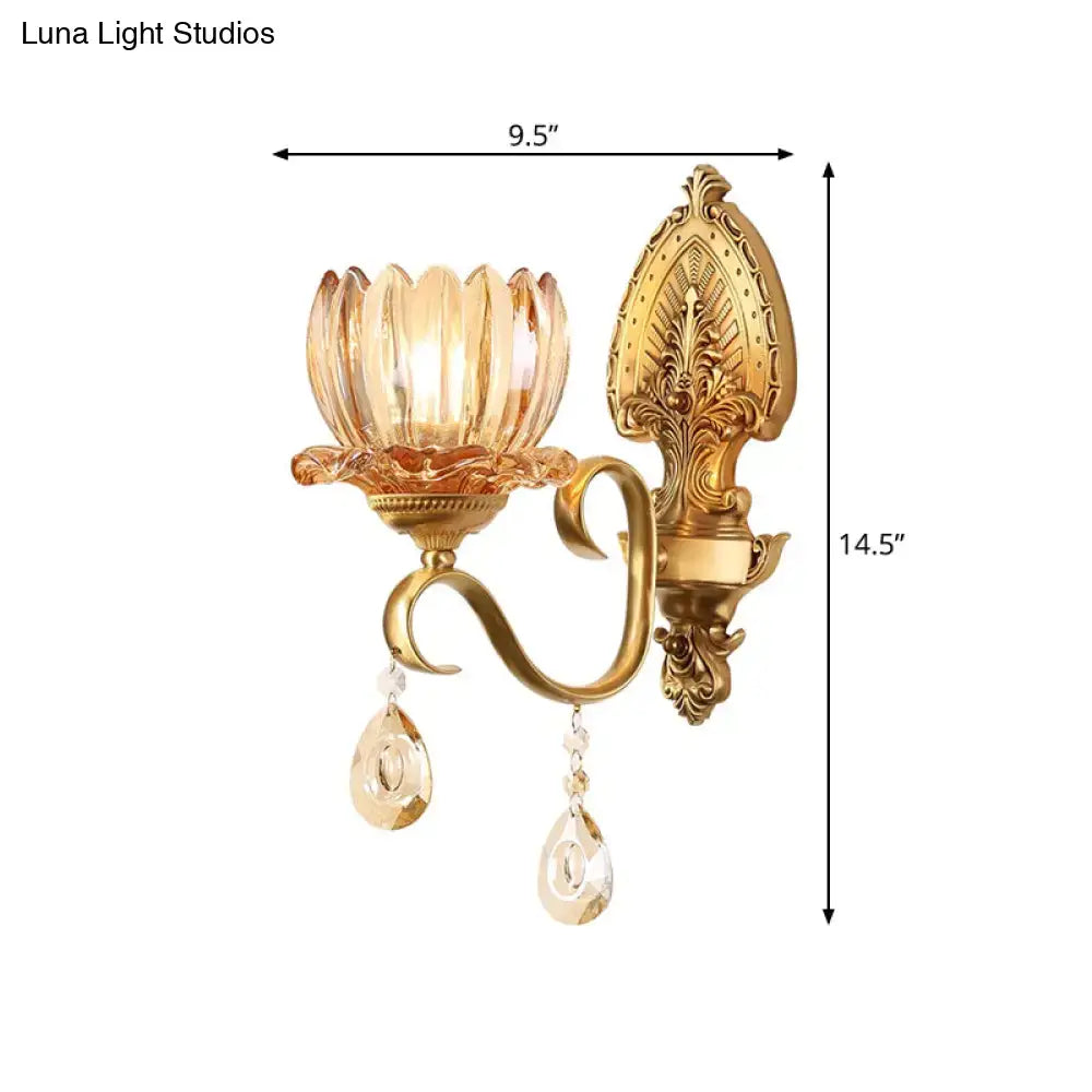Brass Lotus Wall Sconce by Decorbites with glass petal shade and crystal drops on Tampa Home & Garden Store