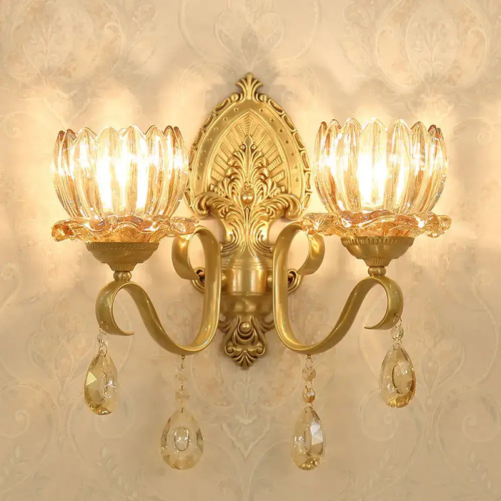 Brass Lotus Wall Sconce by Decorbites with twin crystal cups and hanging prisms on Tampa Home & Garden Store