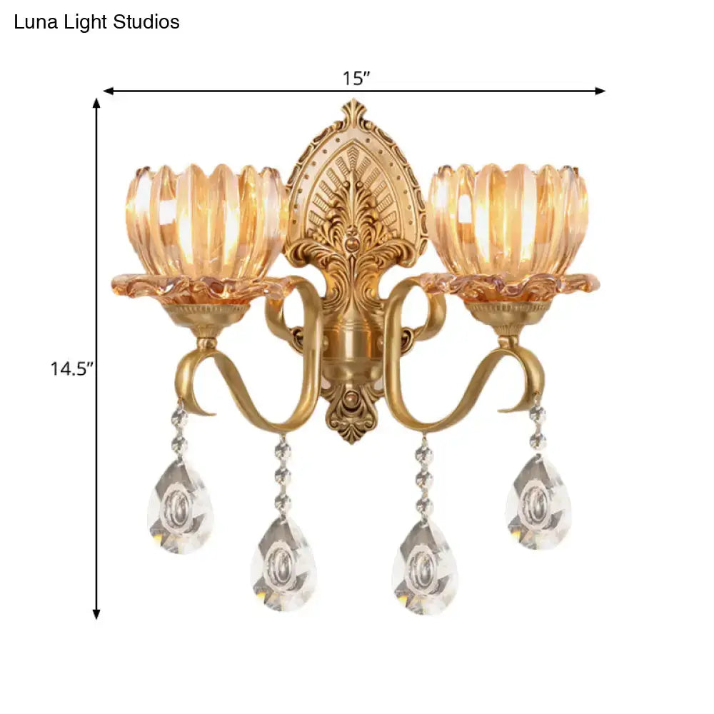 Brass Lotus Wall Sconce by Decorbites, antique brass finish with amber glass petals on Tampa Home & Garden Store
