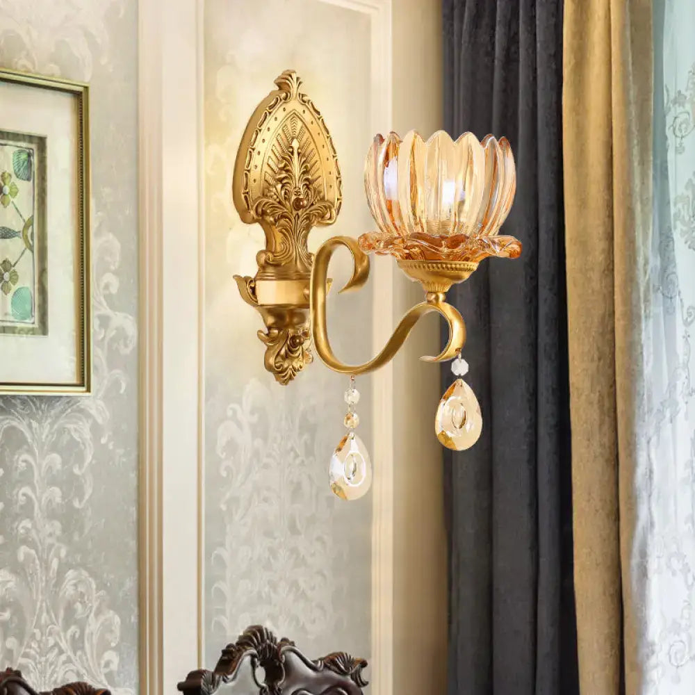 Brass Lotus Wall Sconce by Decorbites with gold finish, glass lotus shade and crystal drops on Tampa Home & Garden Store
