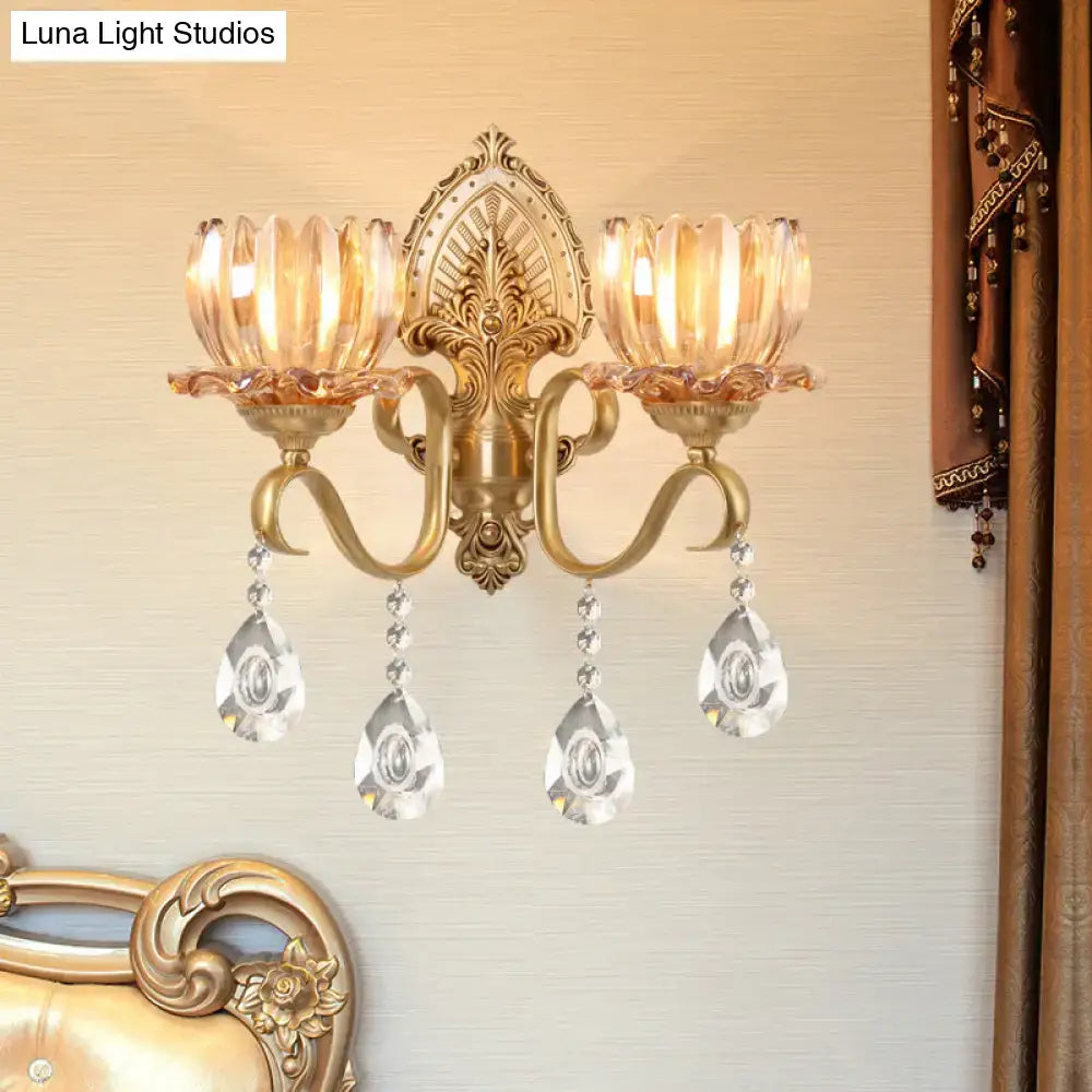 Brass Lotus Wall Sconce by Decorbites, gold finish with crystal drops and two candle lights on Tampa Home & Garden Store