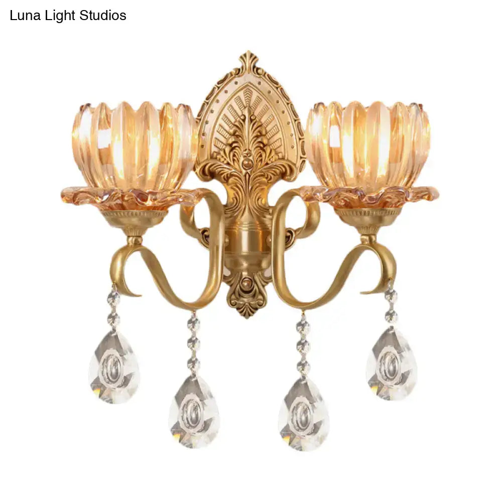 Brass Lotus Wall Sconce, 2-light antique finish with amber glass cups and hanging crystal drops on Tampa Home & Garden Store