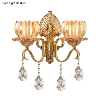 Brass Lotus Wall Sconce, 2-light antique finish with amber glass cups and hanging crystal drops on Tampa Home & Garden Store