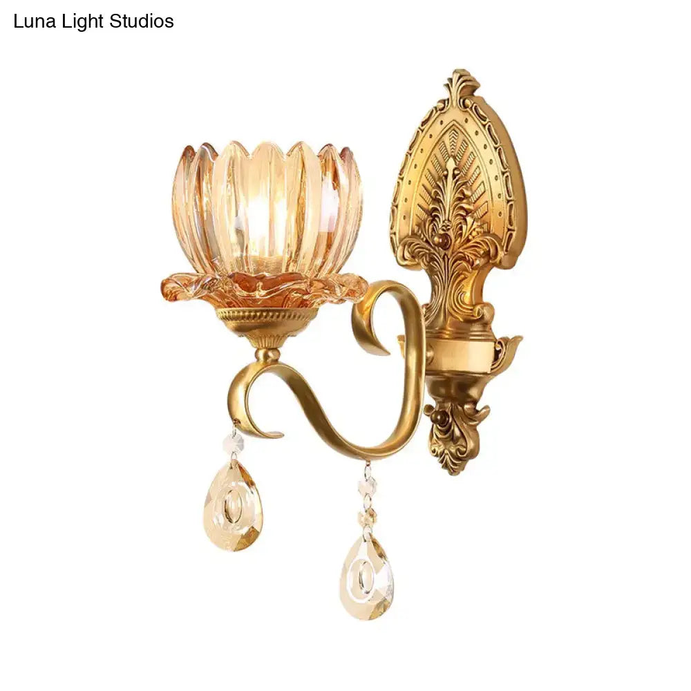 Decorbites Brass Lotus Wall Sconce with crystal glass shade and teardrop prisms on Tampa Home & Garden Store
